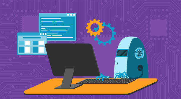 automated work of software, business project development, robot using keyboard at table - 系統(tǒng)軟件開(kāi)發(fā) 幅插畫(huà)檔、美工圖案、卡通及圖標(biāo)